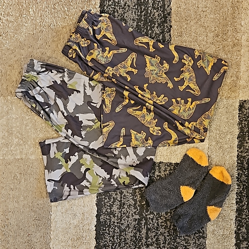 Boy’s Dino Pajama Pants & Socks Set. Sz: L (10/12) Camo Colors. Good Condition.